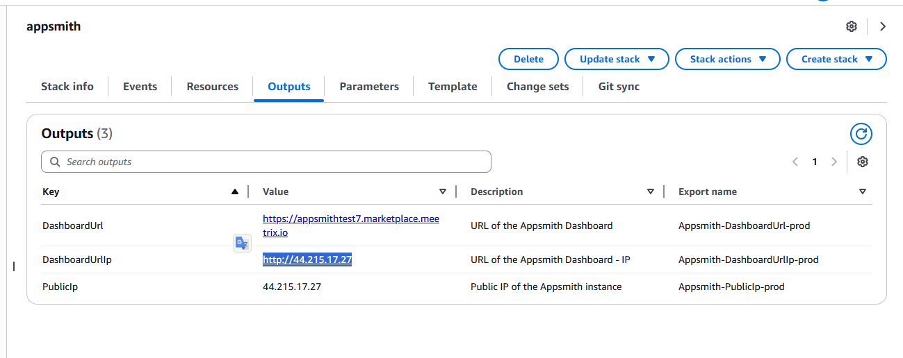 Appsmith dashboard URL in CloudFormation outputs