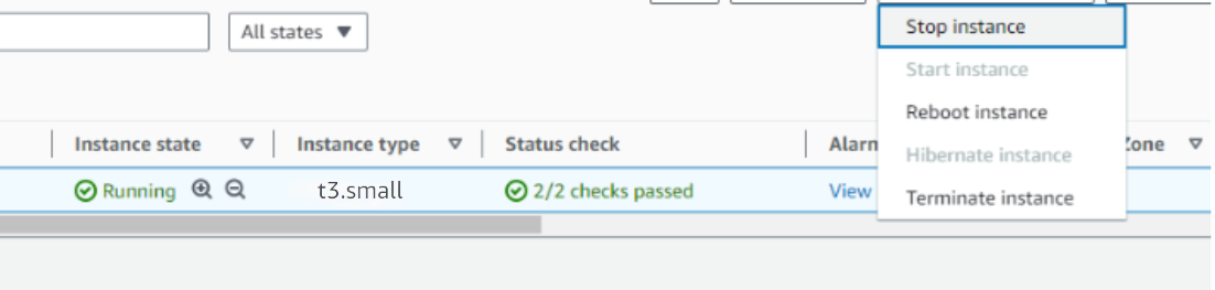 EC2 stop instance dropdown for Appsmith
