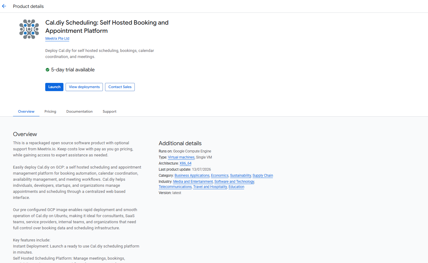 Cal.diy Scheduling self hosted booking and appointment platform product listing on GCP Marketplace