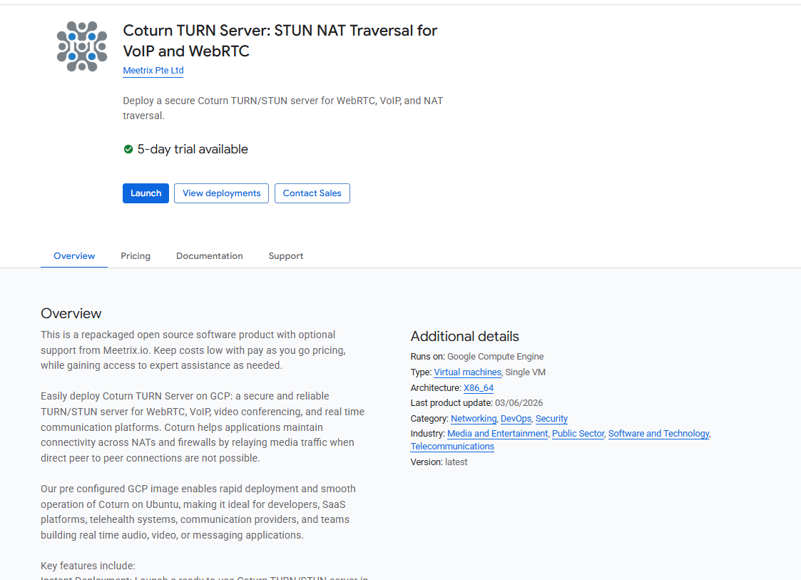 Coturn TURN Server product listing on GCP Marketplace
