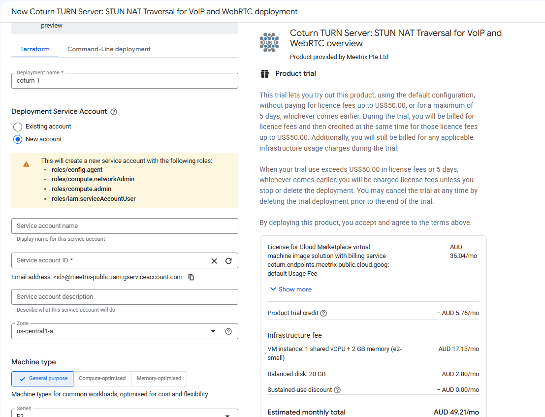 Coturn GCP deployment configuration form