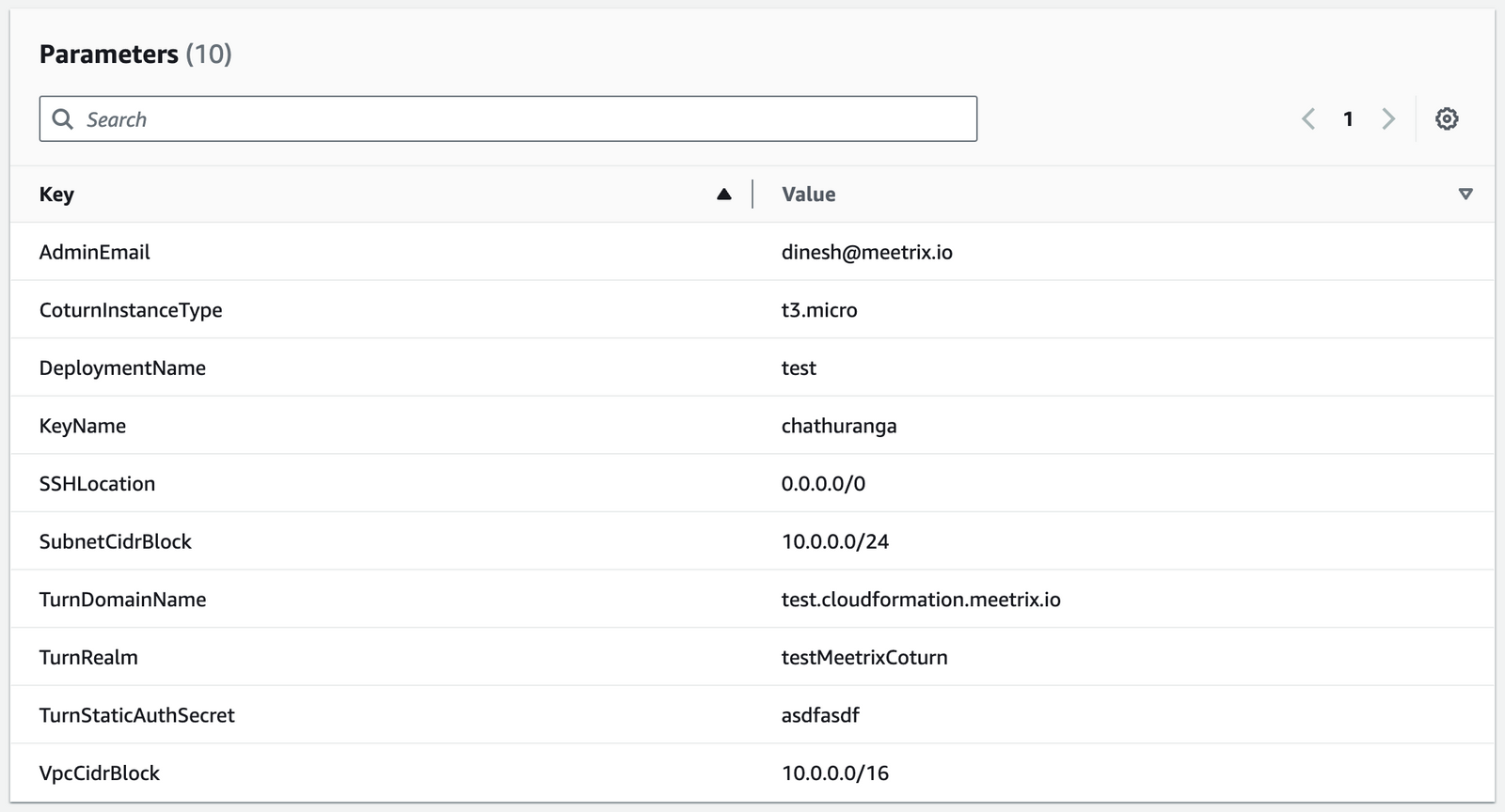 AWS CloudFormation Parameters review for the Coturn stack showing TurnDomainName, TurnRealm and a t3.micro instance type