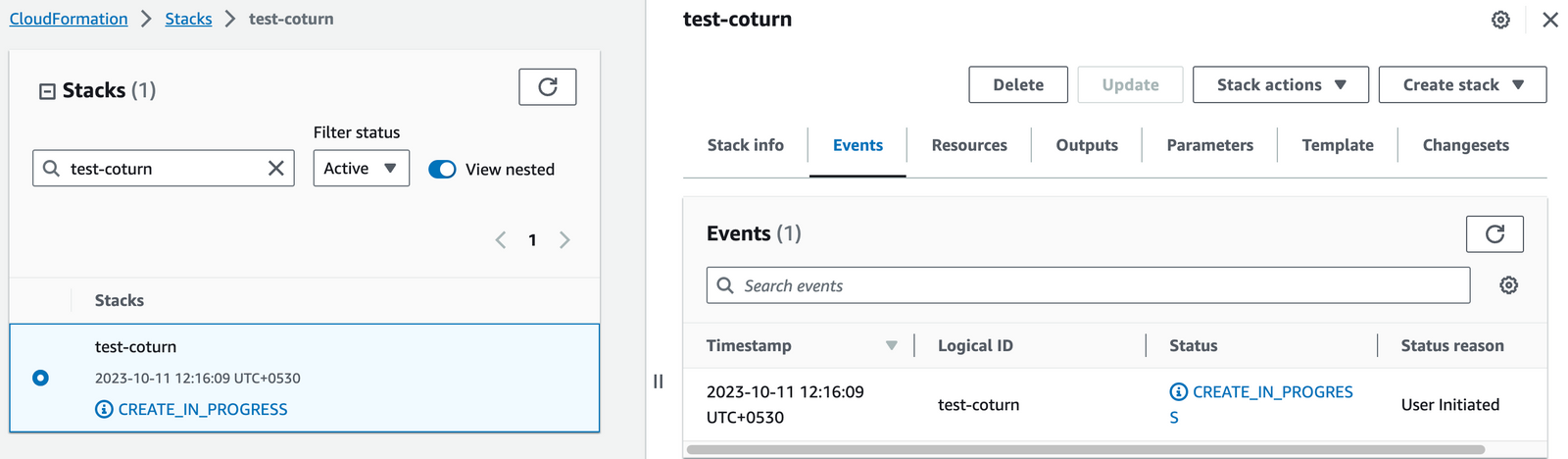 Coturn CloudFormation stack with CREATE_IN_PROGRESS status on the Events tab just after launch