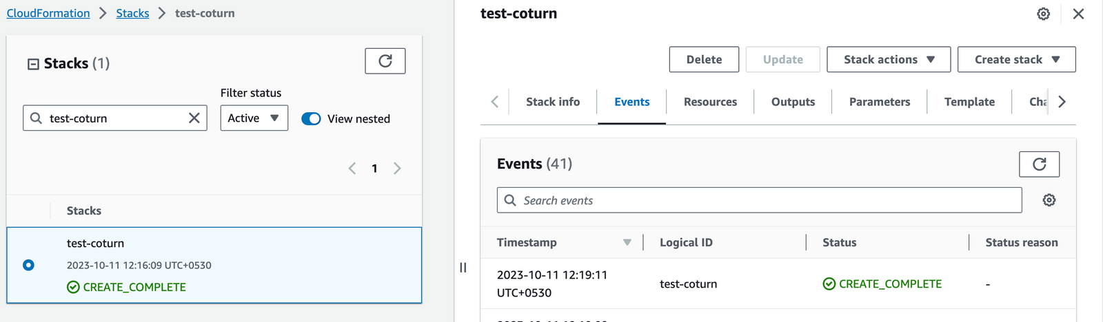 Coturn CloudFormation stack reaching CREATE_COMPLETE status on the Events tab