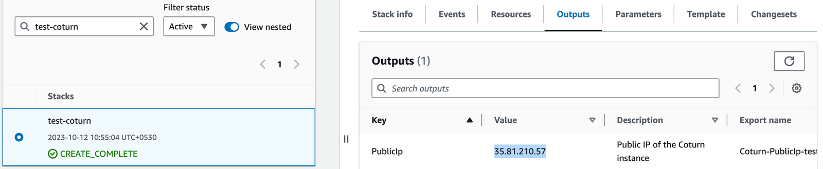 Coturn CloudFormation stack Outputs tab with the PublicIp of the Coturn instance highlighted