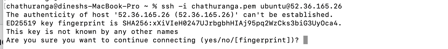 Terminal SSH connection to the Coturn server with a PEM key, accepting the host authenticity prompt