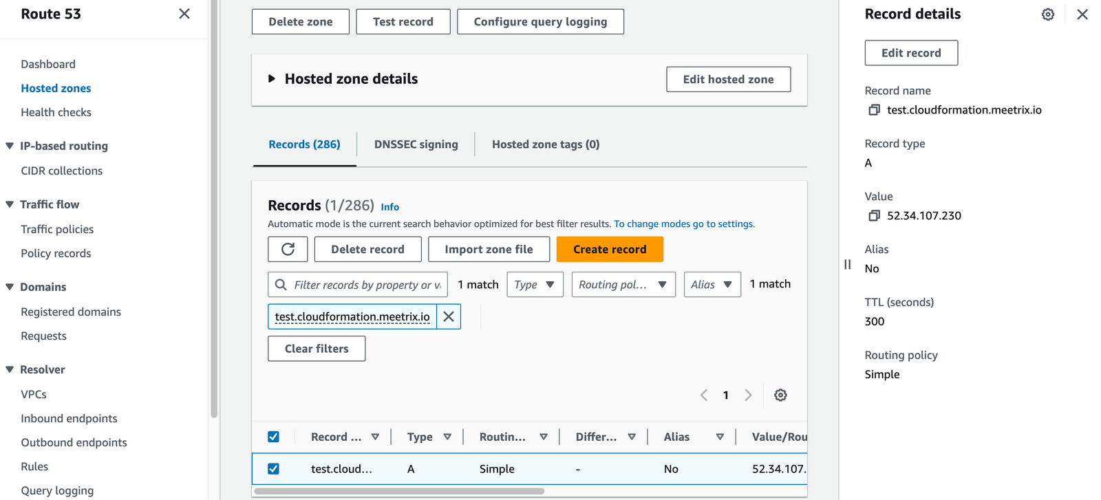 AWS Route 53 hosted zone showing the Coturn A record details with its IP value and TTL