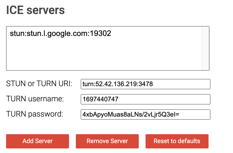 WebRTC Trickle ICE ICE servers form with a turn URI on port 3478 plus TURN username and password