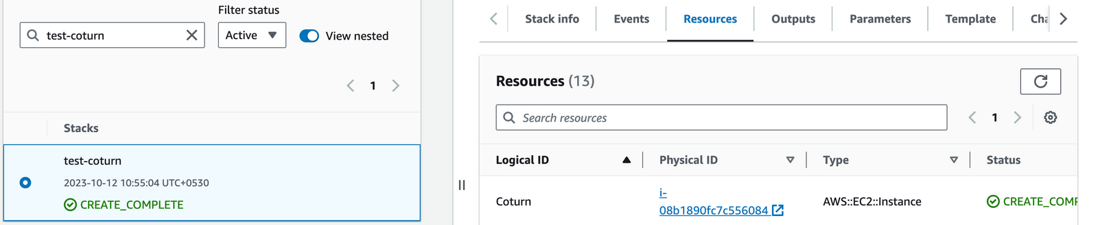 Coturn CloudFormation stack Resources tab showing the Coturn EC2 instance with CREATE_COMPLETE status