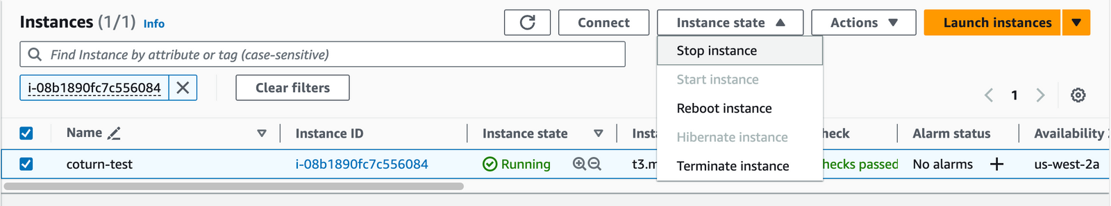 AWS EC2 Instance state menu with Stop, Reboot and Terminate options for the running coturn-test instance