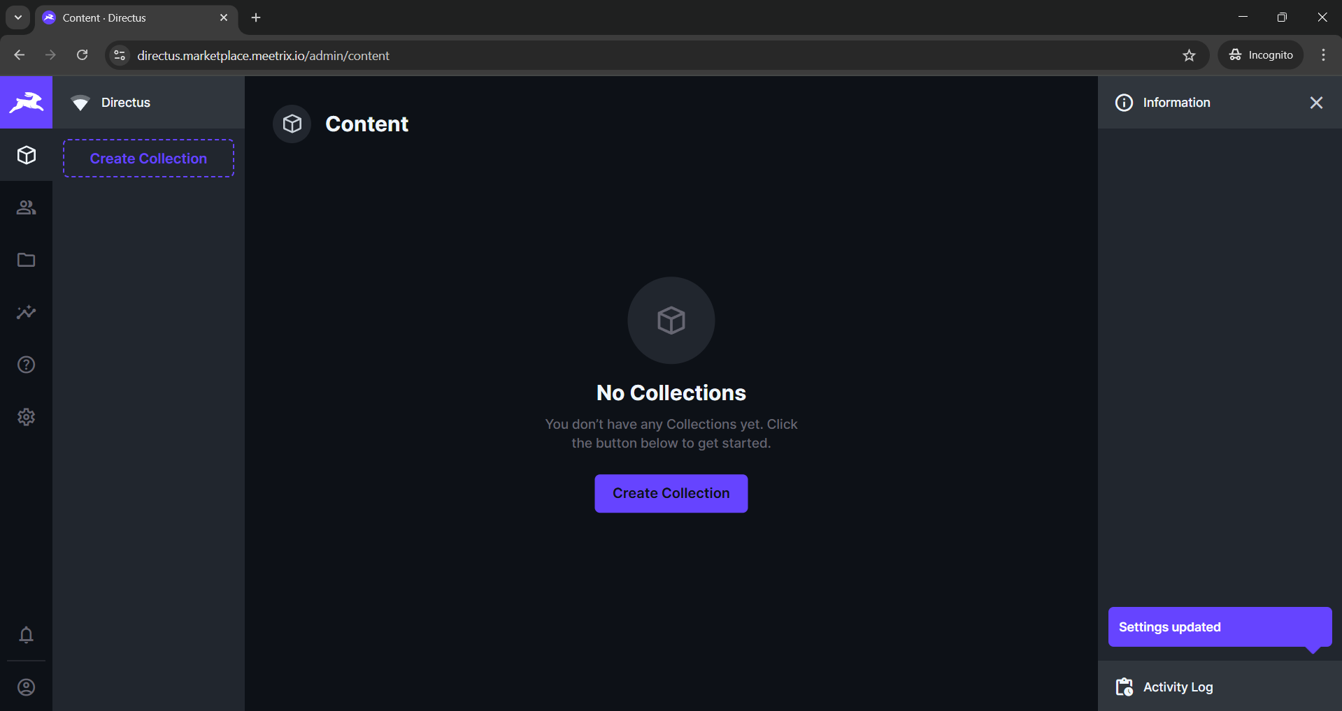 Directus Content dashboard after first sign-in, with no collections created yet