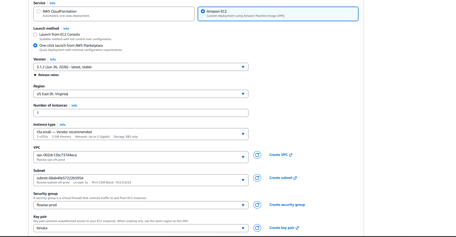 One-click launch configuration form showing instance type, VPC, subnet, security group, and key pair