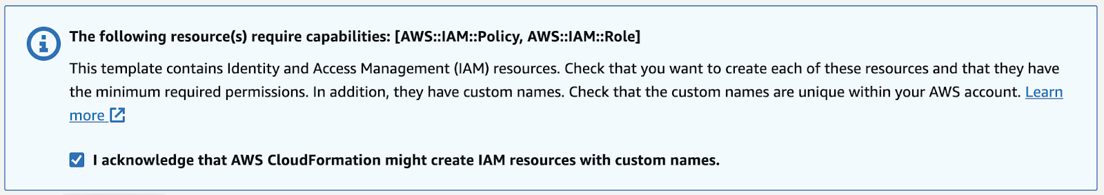 AWS CloudFormation IAM capabilities acknowledgment checkbox ticked before creating the Ghost stack