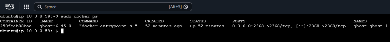 Terminal sudo docker ps output showing the ghost 6.45.0 container running on port 2368
