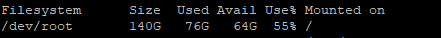 Terminal df -h output showing disk space usage on the Ghost server root filesystem
