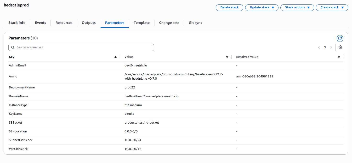 CloudFormation stack parameters for a Headscale deployment, including AdminEmail, DeploymentName, DomainName, InstanceType, KeyName, S3Bucket, SSHLocation, SubnetCidrBlock, and VpcCidrBlock