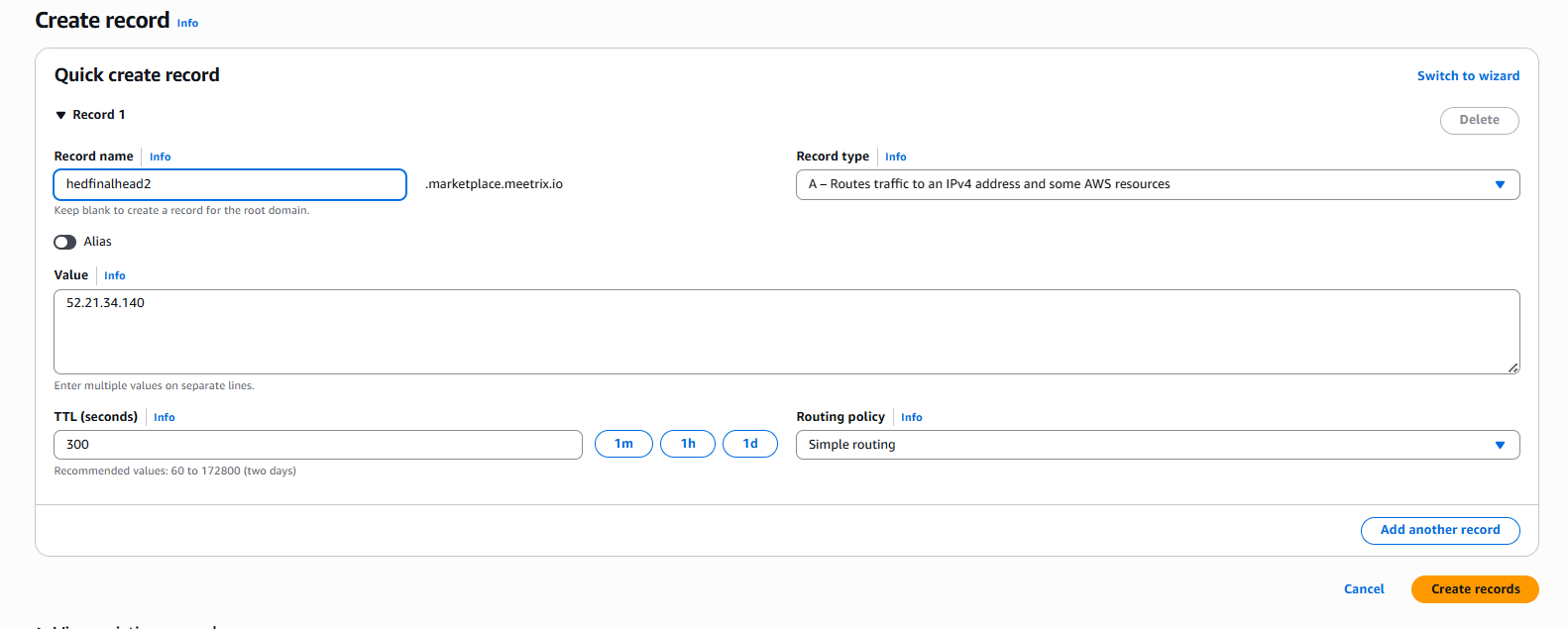 Creating an A record in AWS Route 53 pointing a subdomain to the Headscale instance's public IP