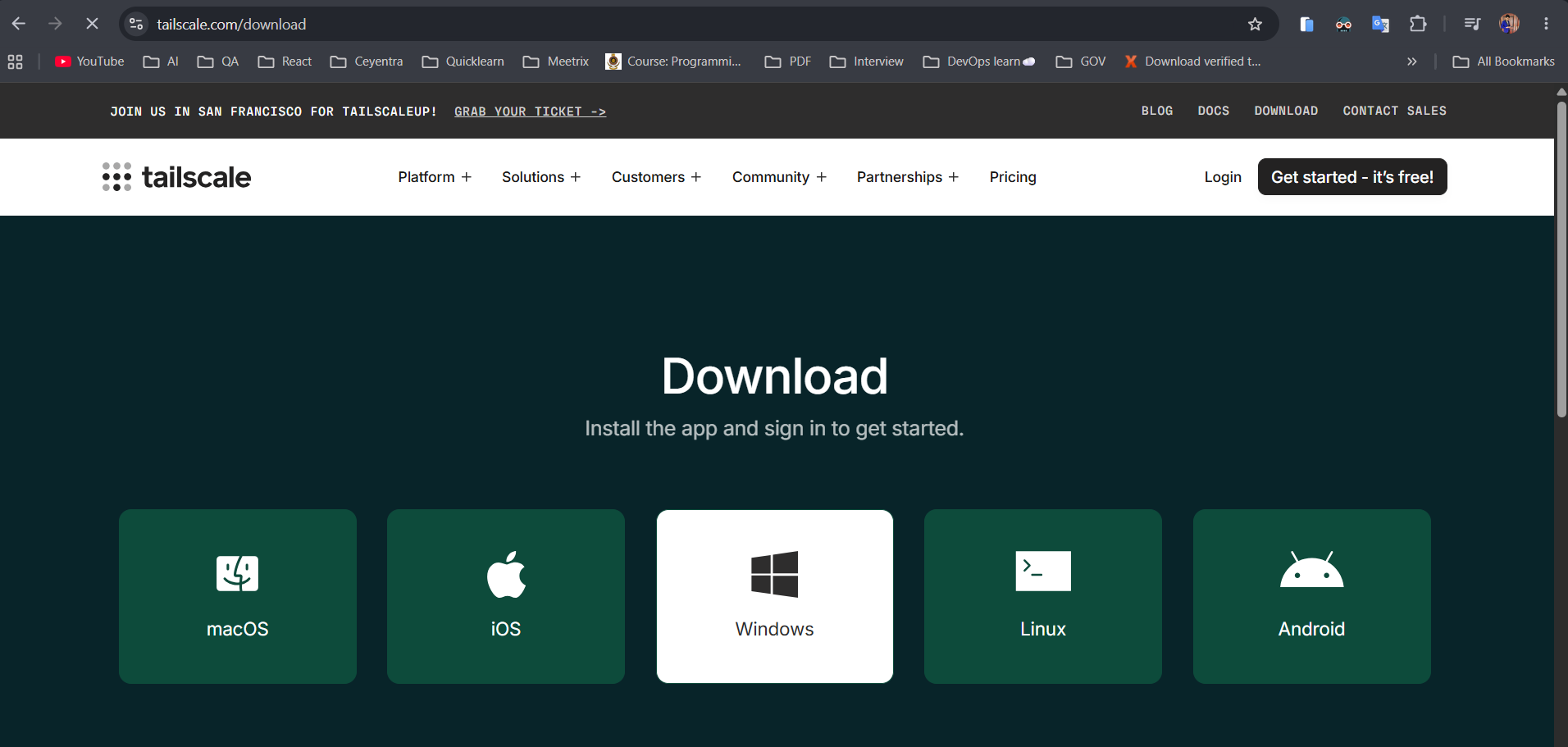 Tailscale download page with client installers for macOS, iOS, Windows, Linux, and Android