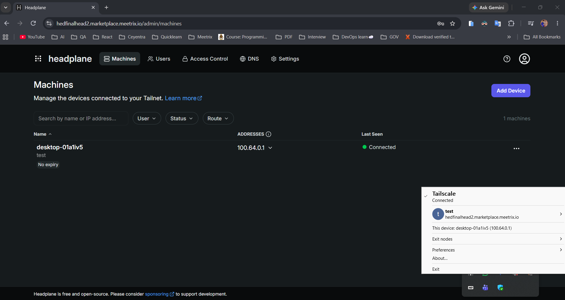 Headplane Machines dashboard listing a connected device