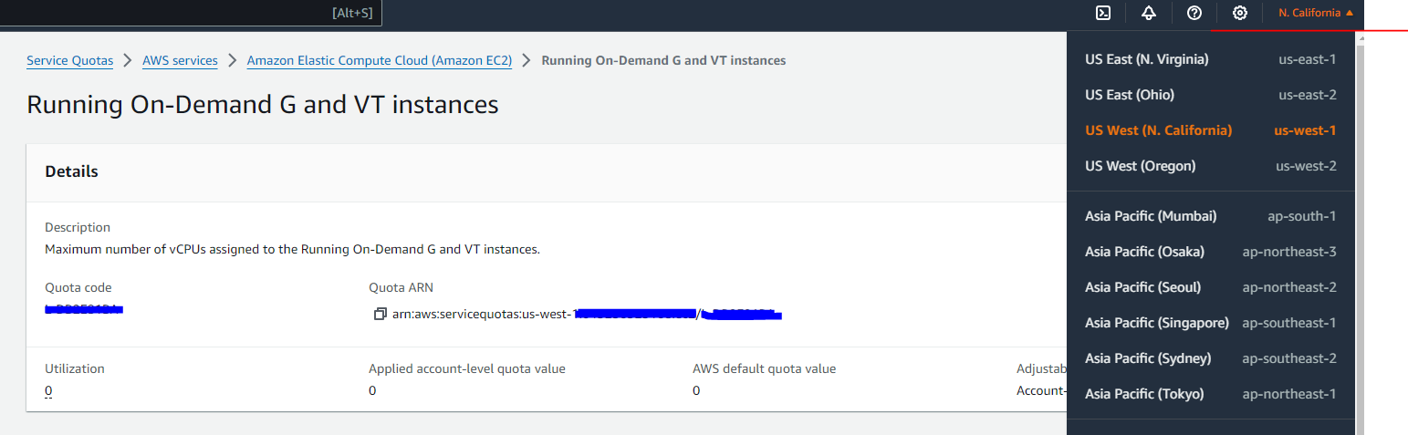 AWS Service Quotas page for Running On-Demand G and VT instances with the region selector open