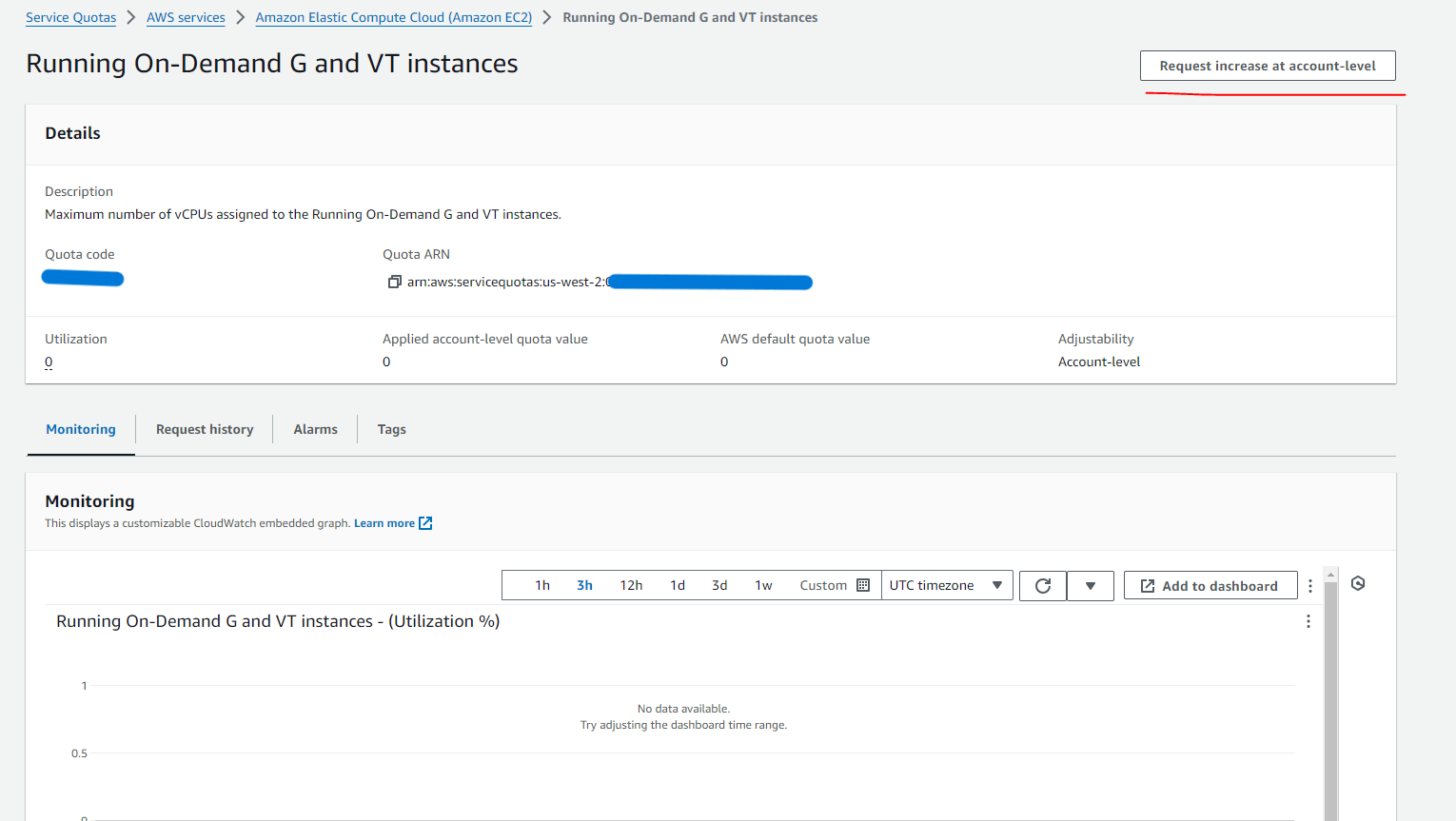AWS Service Quotas page with the Request increase at account-level button highlighted