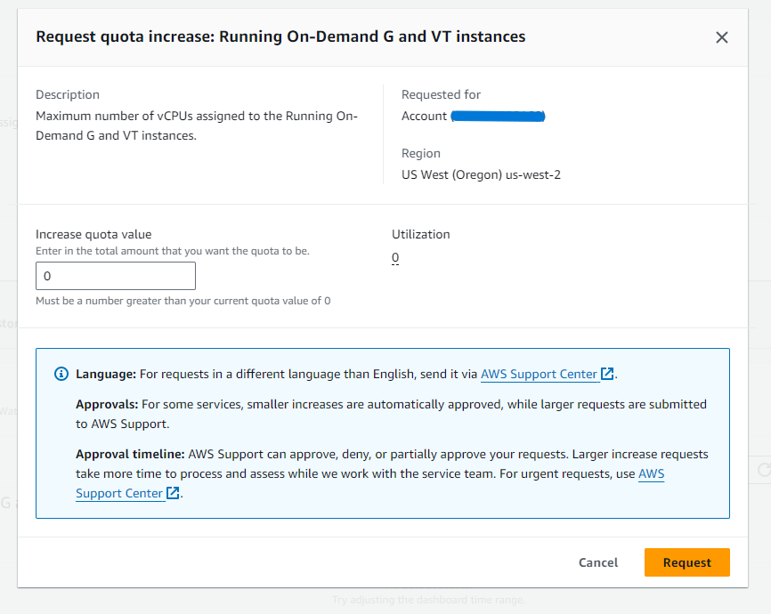 Request quota increase dialog for Running On-Demand G and VT instances with the Increase quota value field