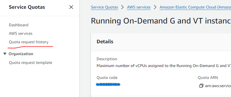 Service Quotas sidebar with the Quota request history link highlighted