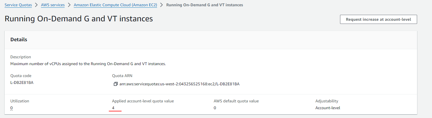 Service Quotas details page showing the applied account-level quota value increased to 4