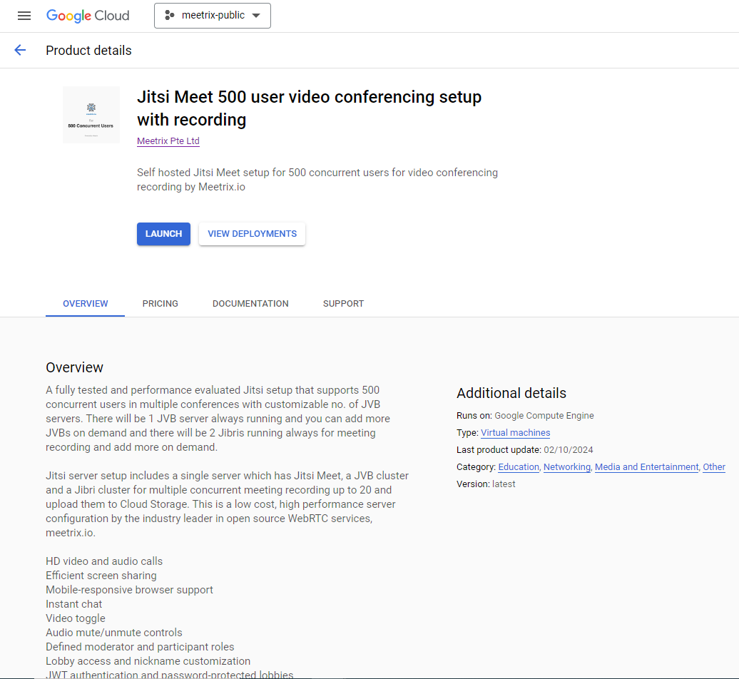 Jitsi Meet product listing on GCP Marketplace