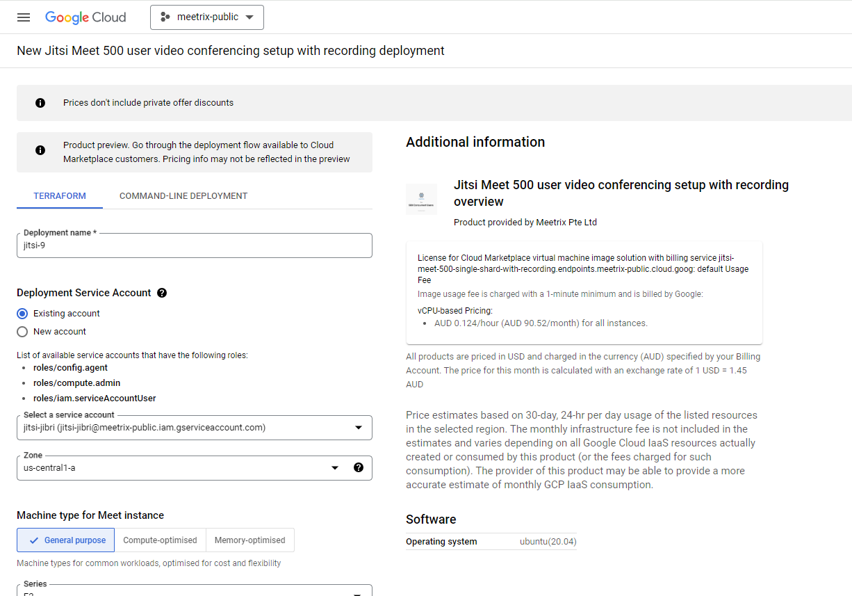 Jitsi Meet deployment configuration form on GCP