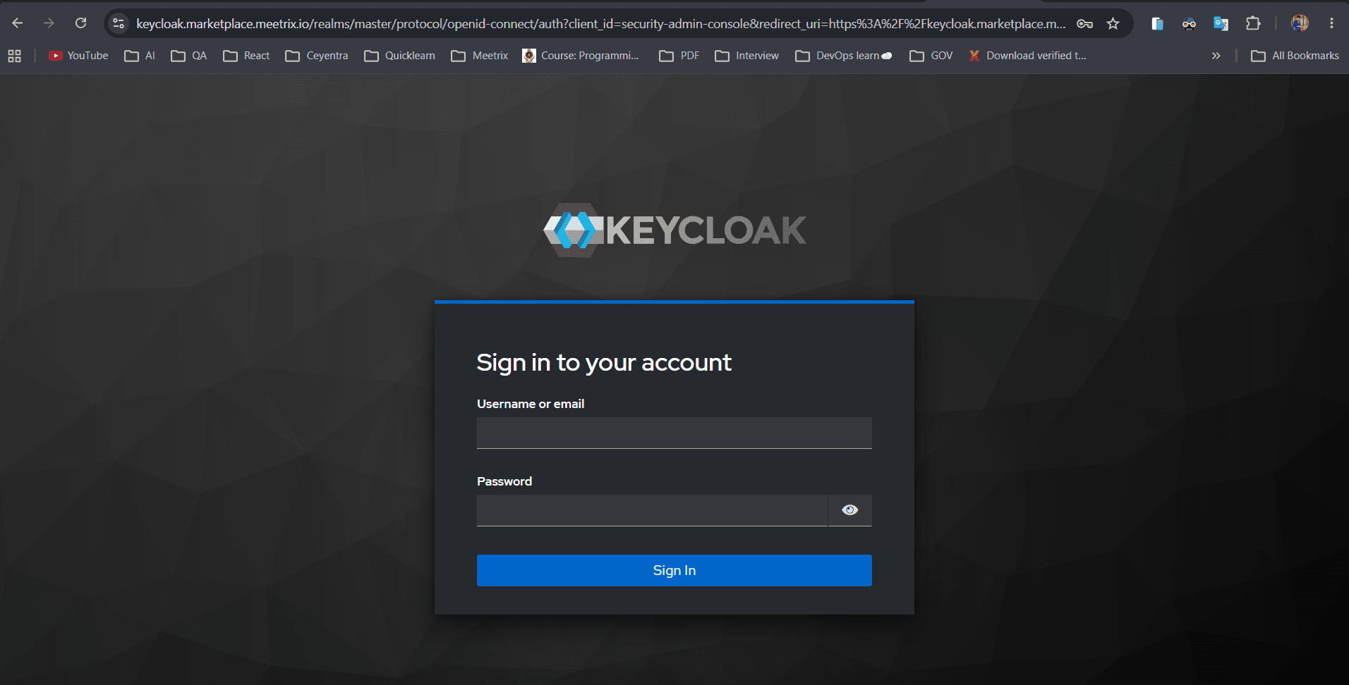 Keycloak admin console sign-in page