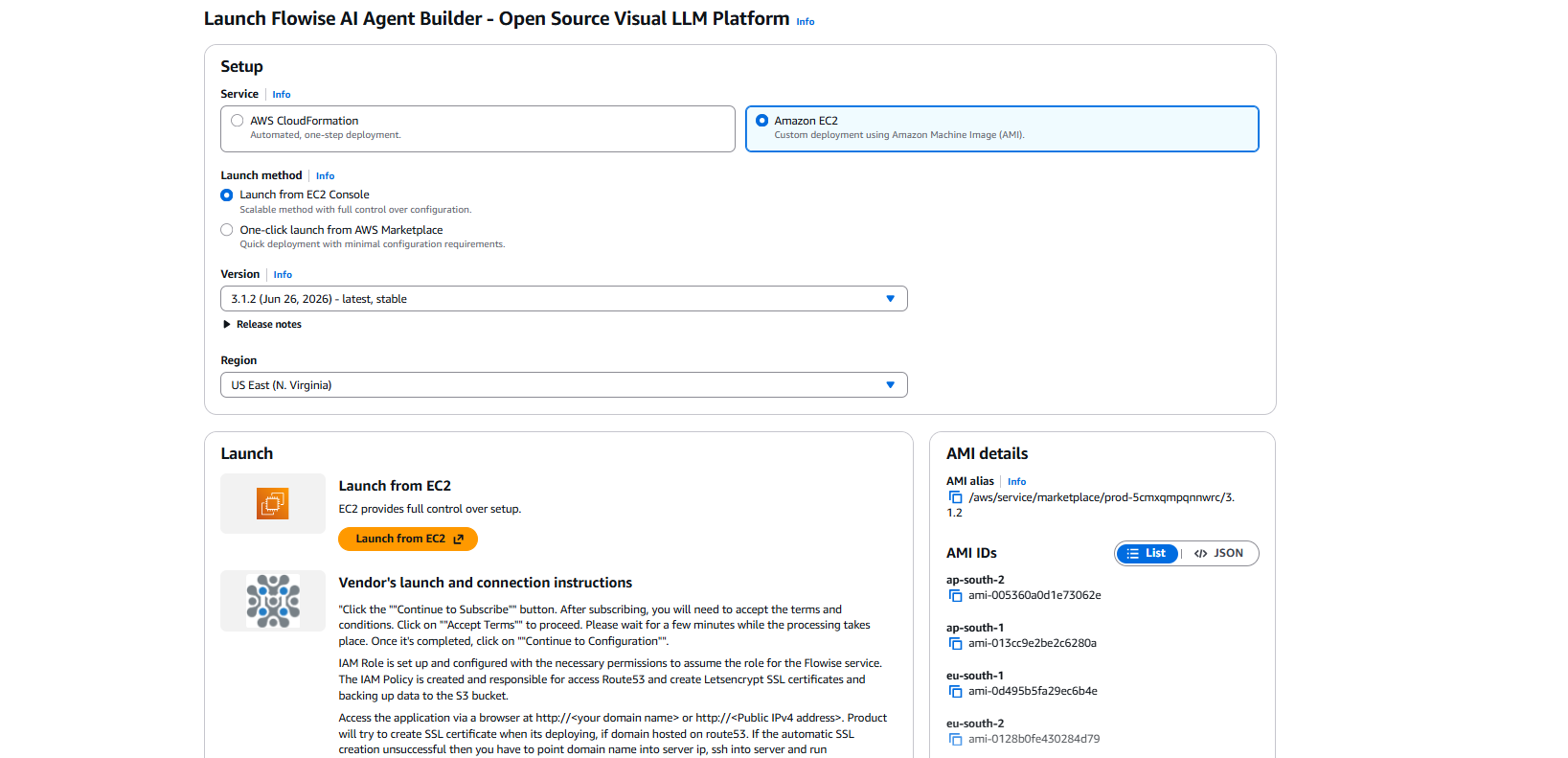 Launch from EC2 Console option with AMI details and Launch button