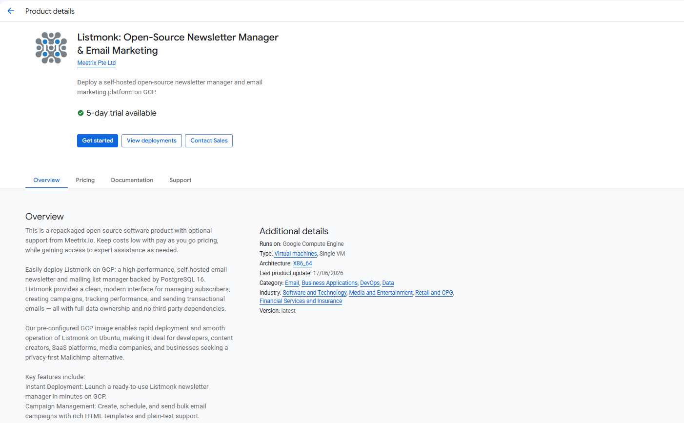 Listmonk product details page on GCP Marketplace showing the 5-day trial option and Get started button