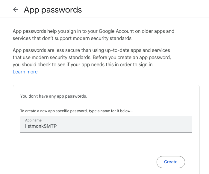Creating a new Google app password named listmonkSMTP