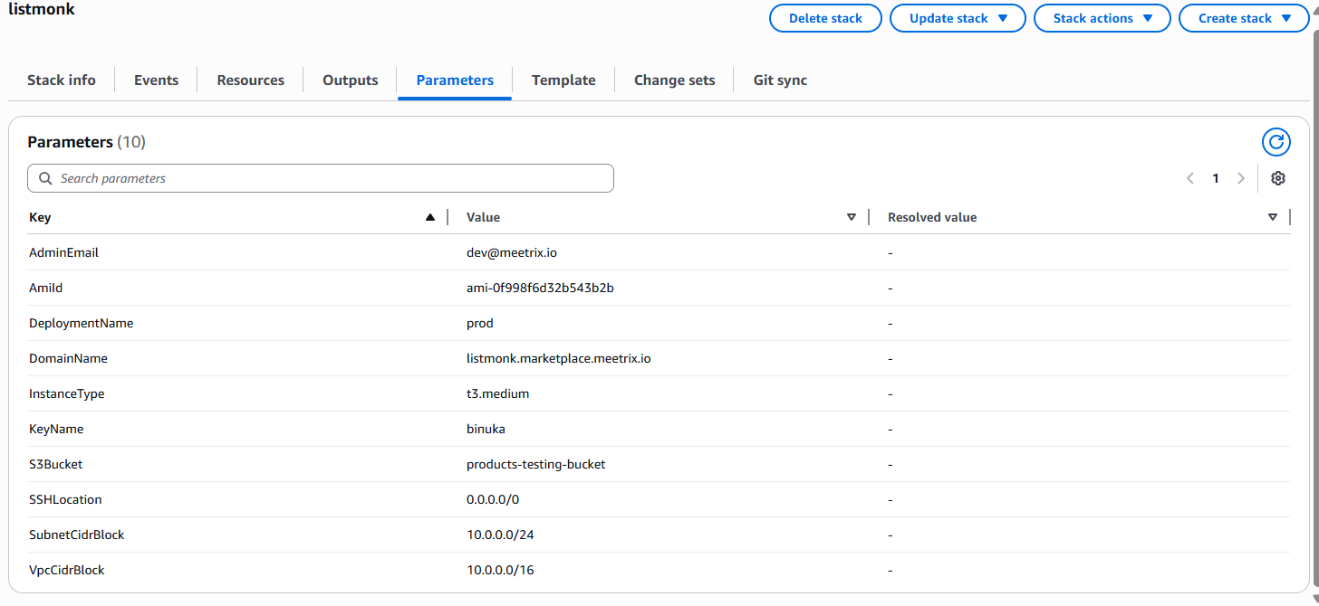 Reviewing CloudFormation stack parameters for Listmonk