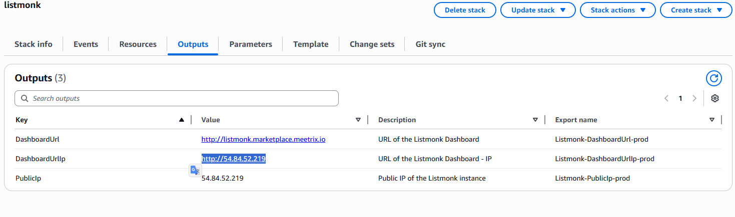 Accessing the Listmonk dashboard URL