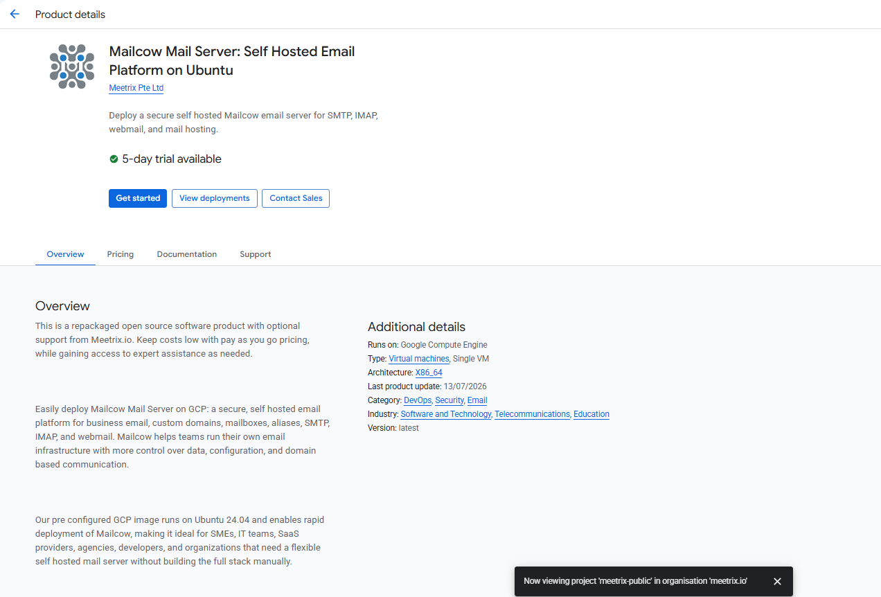Mailcow Mail Server product details page on GCP Marketplace