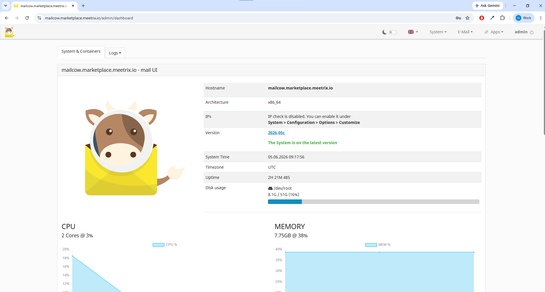 Mailcow admin panel System and Containers dashboard showing hostname, version, CPU and memory usage