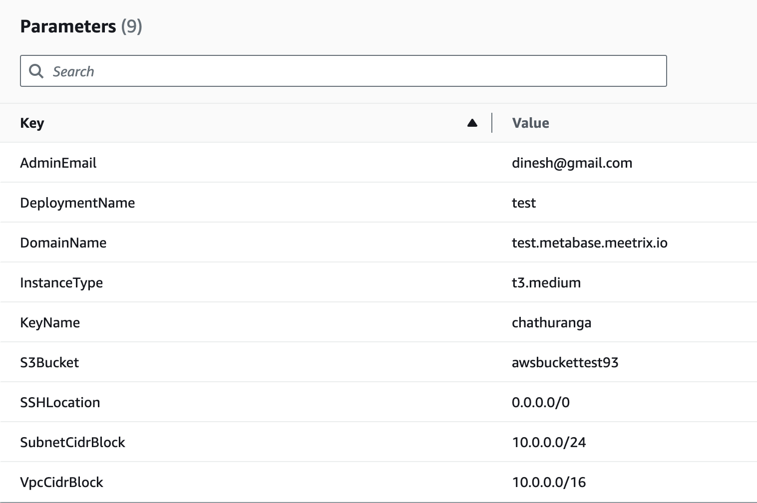 AWS CloudFormation Parameters review for the Metabase stack showing DomainName, S3Bucket and a t3.medium instance type