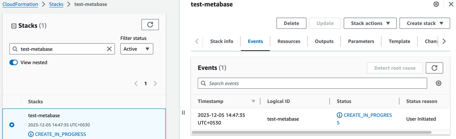 Metabase CloudFormation stack with CREATE_IN_PROGRESS status on the Events tab just after launch
