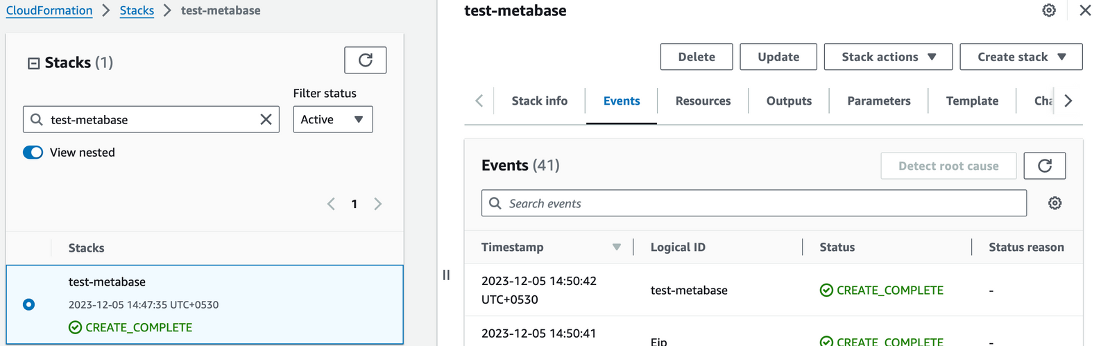 Metabase CloudFormation stack reaching CREATE_COMPLETE status on the Events tab
