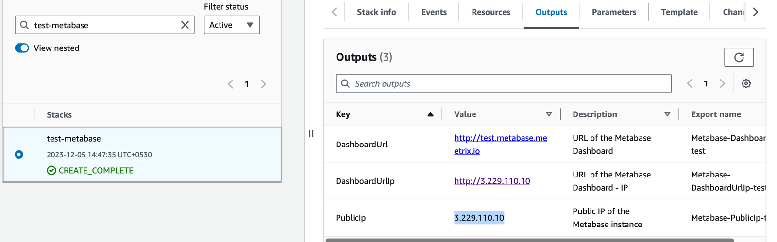 Copying the PublicIp value from the Metabase CloudFormation stack Outputs tab