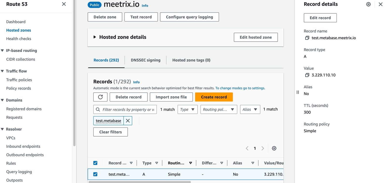AWS Route 53 hosted zone showing the Metabase A record details with its IP value and TTL