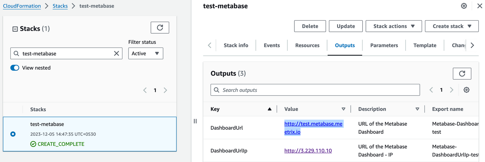 Metabase CloudFormation stack Outputs tab with the DashboardUrl link selected