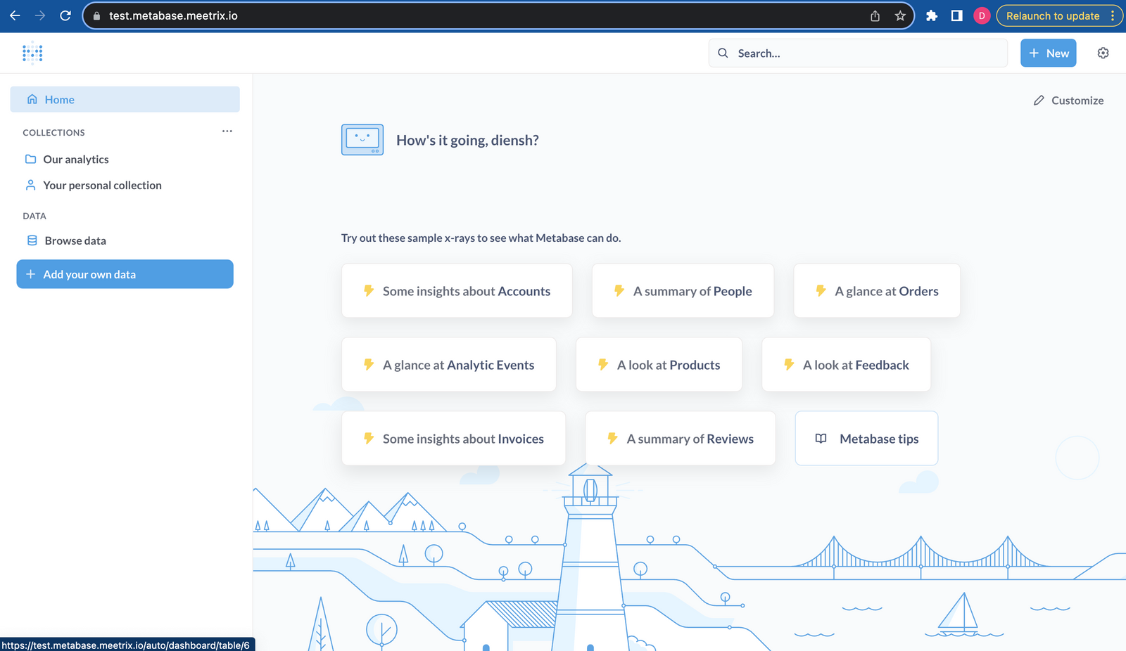 Metabase home page after deployment, offering sample x-rays of Accounts, People and Orders data