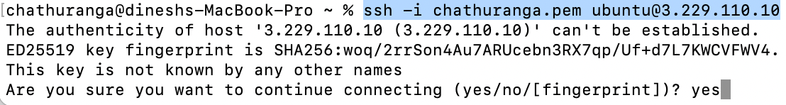 Terminal SSH connection to the Metabase server with a PEM key, typing yes at the host authenticity prompt