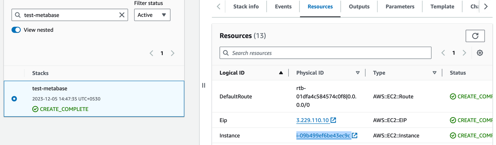 Metabase CloudFormation stack Resources tab showing the EC2 instance and Elastic IP with CREATE_COMPLETE status