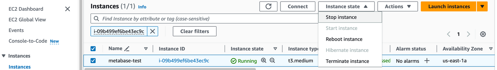 AWS EC2 Instance state menu with Stop, Reboot and Terminate options for the running metabase-test instance