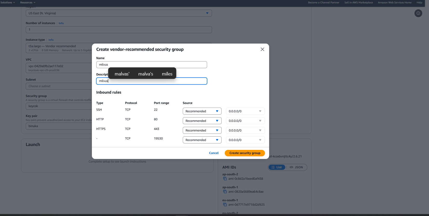 Create vendor-recommended security group dialog showing inbound rules for ports 22, 80, 443, and 19530