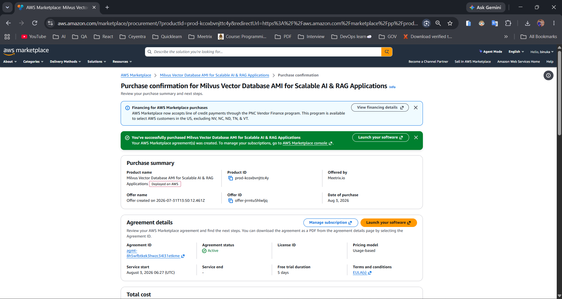 AWS Marketplace purchase confirmation for the Milvus Vector Database AMI